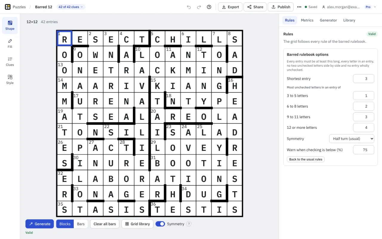 A 12 by 12 barred grid in Shape mode, with thick bars between squares instead of black squares, and the barred rulebook's options on the right.