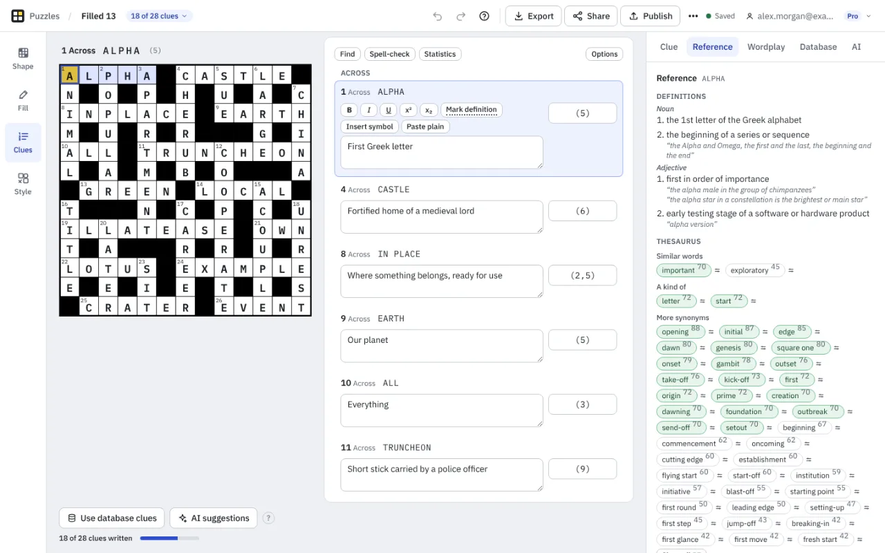 Clues mode: the grid on the left, a list of Across clues with a box for each clue and its enumeration, and the Reference tab on the right showing definitions and synonyms for ALPHA.