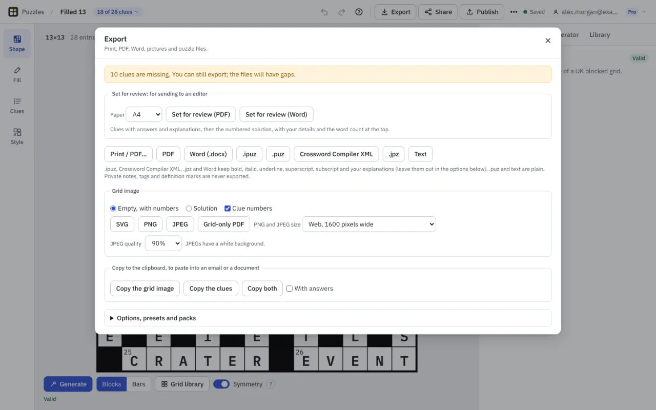 The Export window: buttons for Print or PDF, Word, .ipuz, .puz, Crossword Compiler XML, .jpz and text; grid image options; and copy to the clipboard.