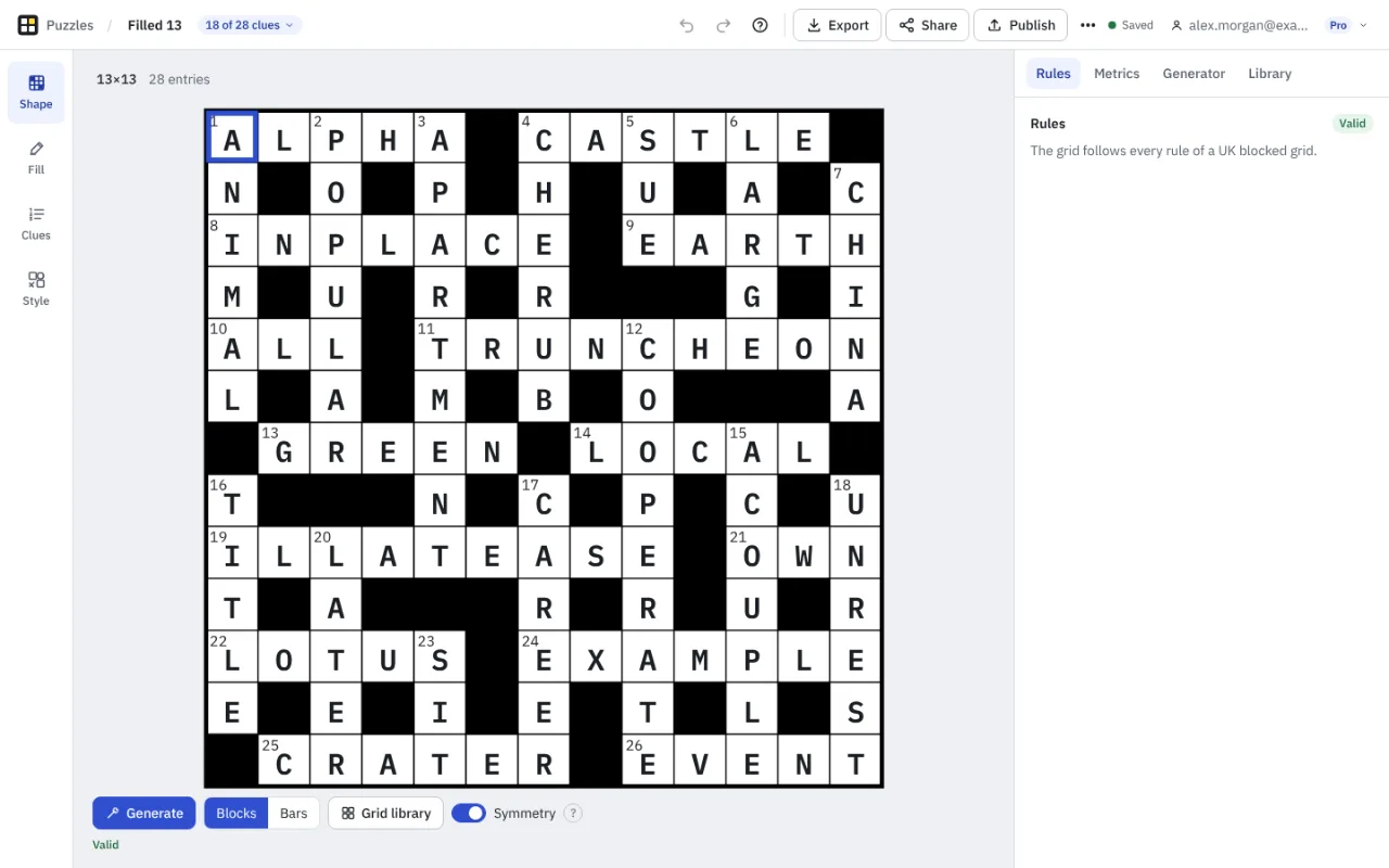 Shape mode: a filled 13 by 13 grid in the middle, the mode rail on the left, and the Rules tab on the right saying the grid follows every rule of a UK blocked grid.